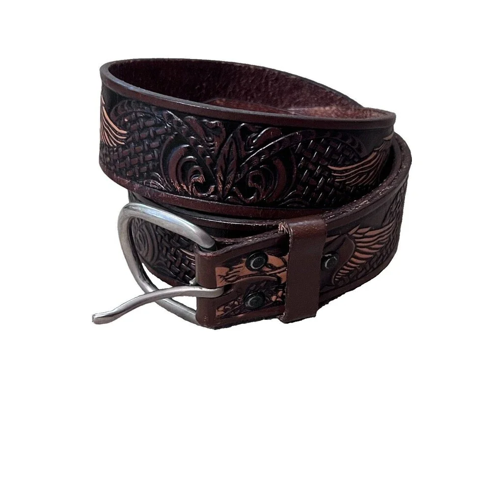 Vtg Style Tooled Buckle Belt Western Eagle Cowboy 44 Brown Leather Y2K Rodeo